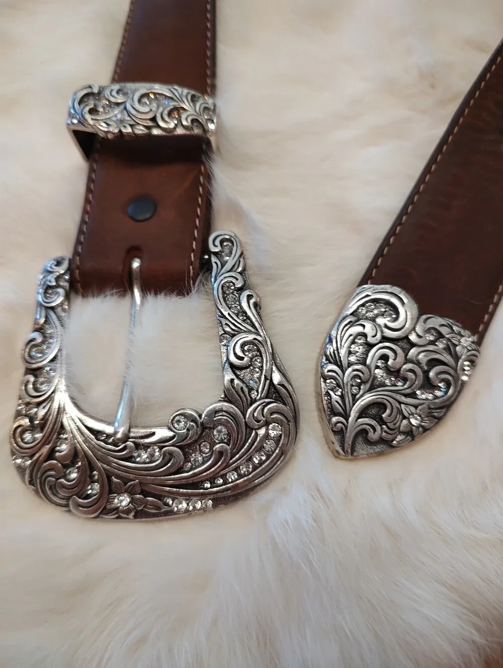 Tony Lama Leather Western Cowgirl Tooled Rhinestone Brown Bling Belt SZ: 32